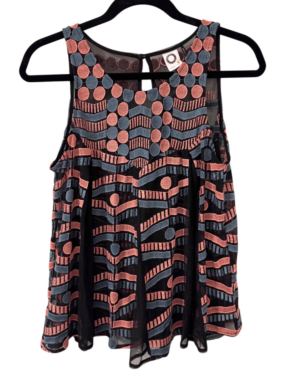 Anthropologie Akemi + Kin Kalia Embroidered Mesh Sheer Swing Tank Top in Black M